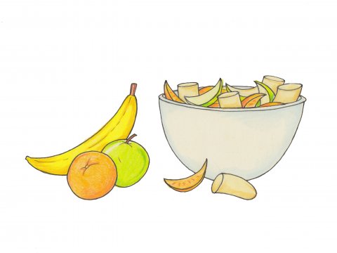 ávaxtastund, ávextir, banani, appelsína, epli